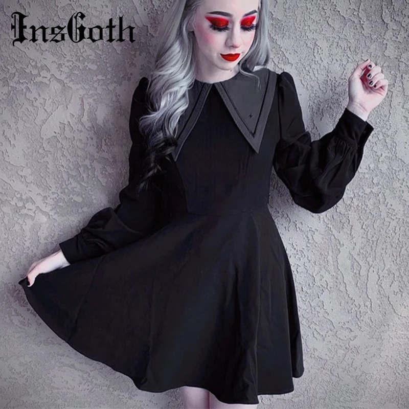 Beste Insgoth Harajuku Vintage Mini Zwarte Jurk Gothic Streetwear Lange Mouwen Slanke Vrouwelijke Korte Jurk Casual College Jurk