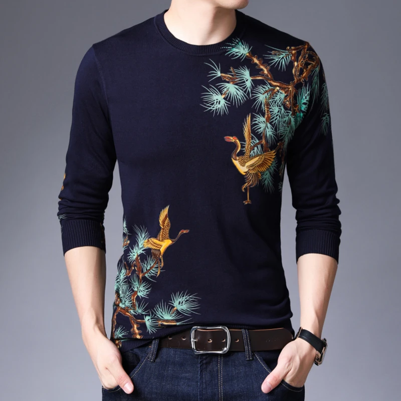 Party Club Outfit Clothing Heren Sweater Bird Print Herren Pullover Men Knitewear O Neck Slim Fit Suéter Hombre Invierno - Цвет: Navy Blue