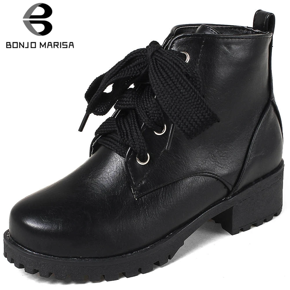 

BONJOMARISA New 33-44 Elegant Retro Platform Booties Ladies Girl lace-up Ankle Boots Women 2019 Med Wide Heels Shoes Woman