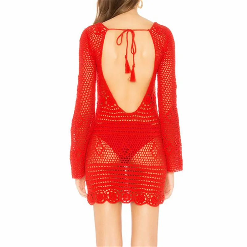 red beach dress Bkning V шеи Бикини с открытой спиной прикрыть Твердые выдалбливают пляжное платье с длинным рукавом Вязание крючком пляжная одежда для женщин леди Туника красный черный - Цвет: red beach dress