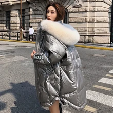 Зимнее женское пуховое пальто с серебряным меховым воротником, женское длинное теплое пуховое пальто с капюшоном на белом утином пуху, Женская куртка