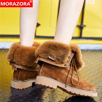 

MORAZORA Plus size 35-41 New genuine leather boots women shoes lace up thick fur warm mid calf boots retro winter snow boots