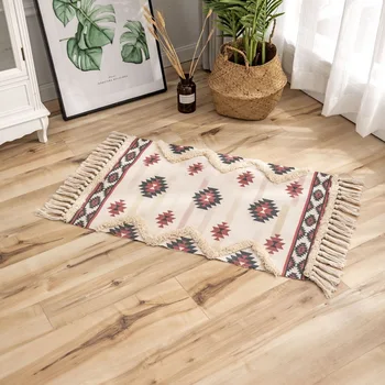 

Morocco Printed Area Rugs Tufted Tassels with Anti Skid Pad Throw Rug Bath Doormat Retro Bohemian Hand Woven Cotton Linen Carpet