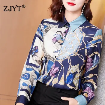 

Europe Fashion Runway 100%Silk Blouses for Women High Quality Long Sleeve Elegant Vintage Print OL Shirt Spring 2020 Womens Tops