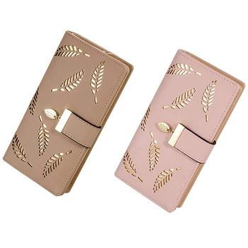 

2pcs Women's Leaf Wallet Long Leather Card Holder Purse Zipper Buckle Elegant Wallet - Pink & apricot