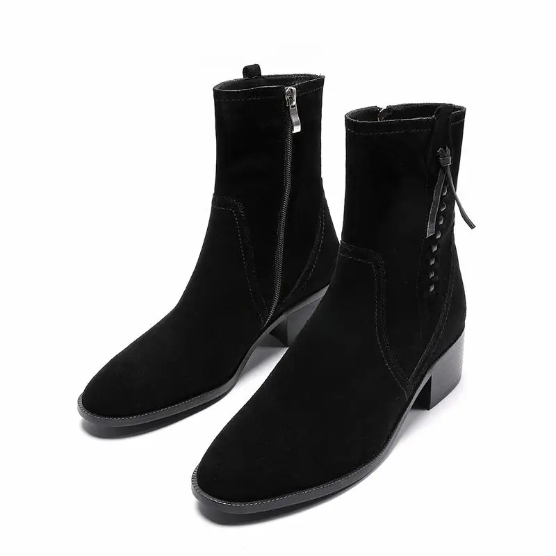 ALLBITEFO brand high heels genuine leather ankle boots for women thick heel winter/autumn leather boots women boots size:34-42