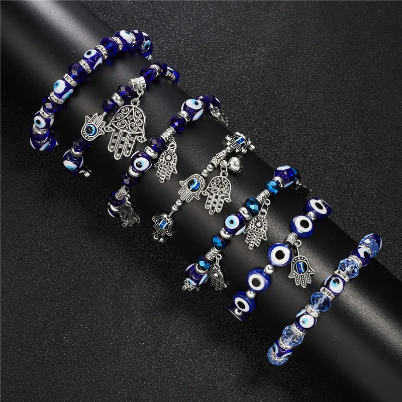 Trendy Couple Turkish Evil Eye Palm Elastic Bracelet For Women Men Charm Handmade Crystal Resin Beaded Bracelets Jewelry Gifts
