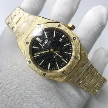 

free delivery AAA Diamonds automatic Royal Frosted Black Dial Oak mens 18k Gold Watch hands Fixed bezel 42mm size glide