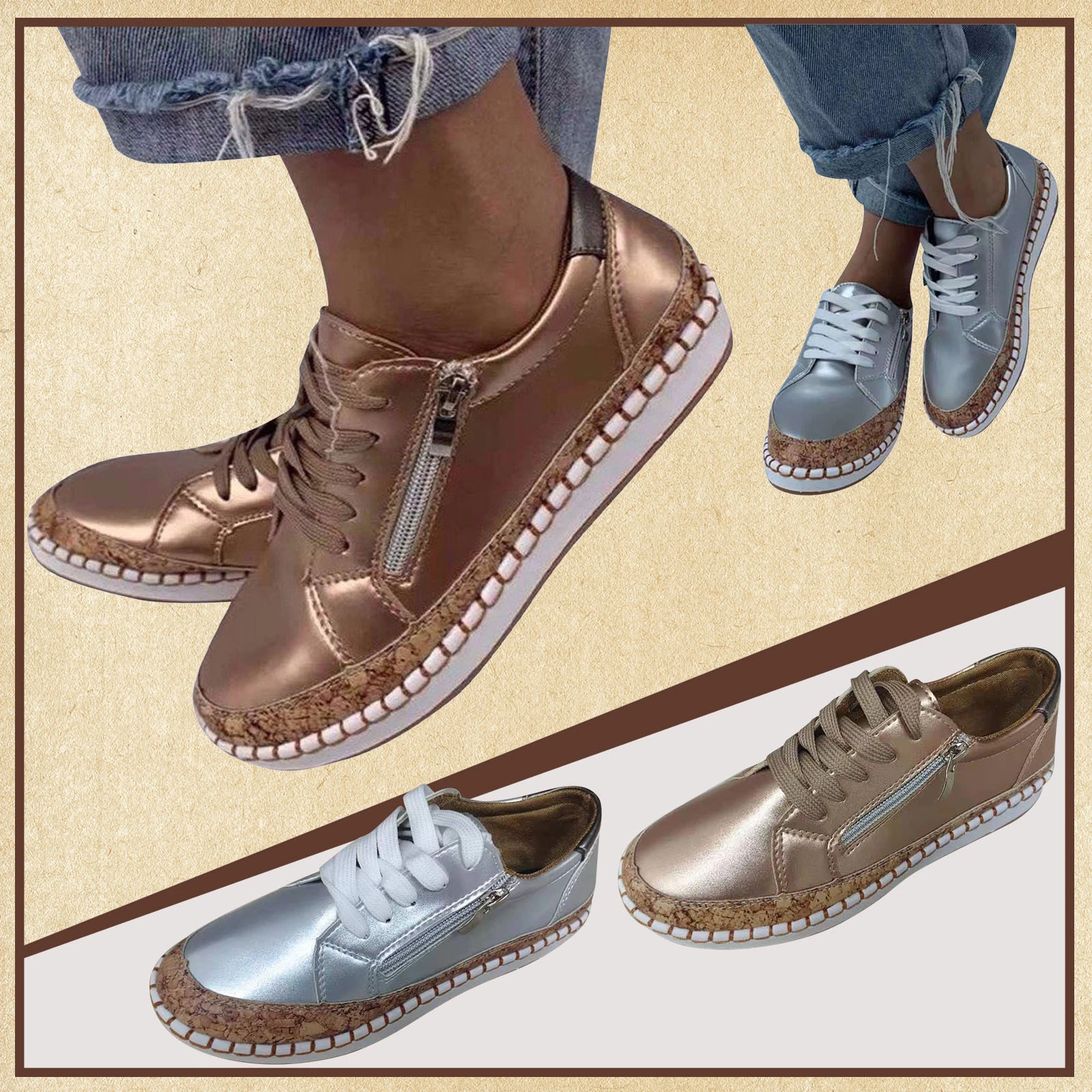 Mocasines con cremallera para Mujer, Zapatos informales De De Color puro, con plataforma plana, zapatillas De encaje De talla grande|Zapatos vulcanizados de mujer| - AliExpress