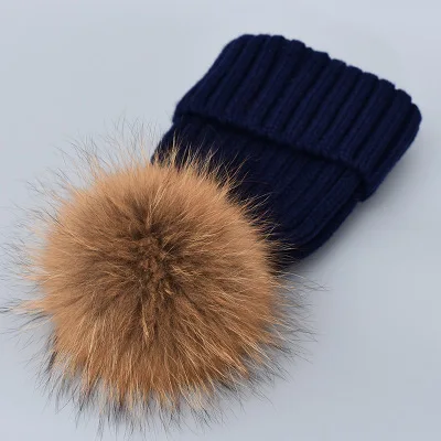 Hot Sale Winter Baby Women Kid Hat Real Fox Fur Hats Mom Baby Hat with Pompon Family Matching Beanie Hairball Kids Cap Outfits - Цвет: J without velvet