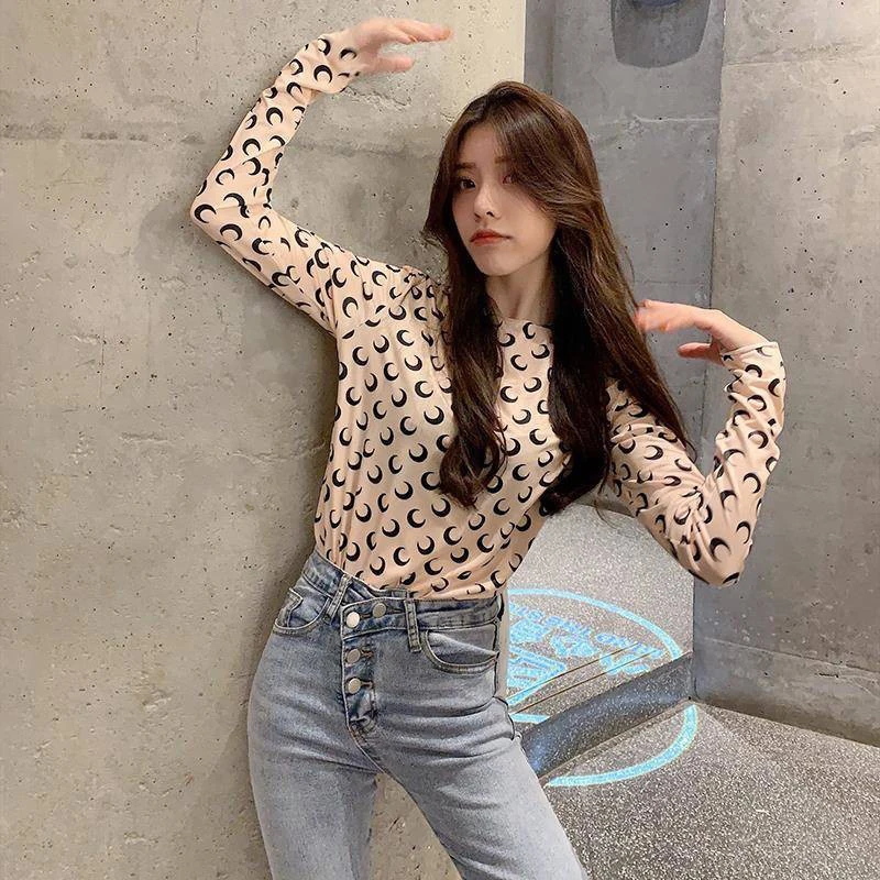 Kpop ins женская футболка с цветочным принтом и луной сексуальные милые сетчатые