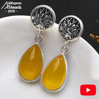 

NOT FAKE S925 Fine Poland Earrings 925 Sterling Silver Women Antique shop noble Nature Retro Exquisite citrine Amber life tree