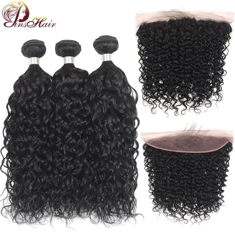

Pinshair Brazilian Hair Weave Bundles with 13*4 Lace Frontal Water Wave Human HairBundles with Closure Non-Remy Hair 3 Bundles