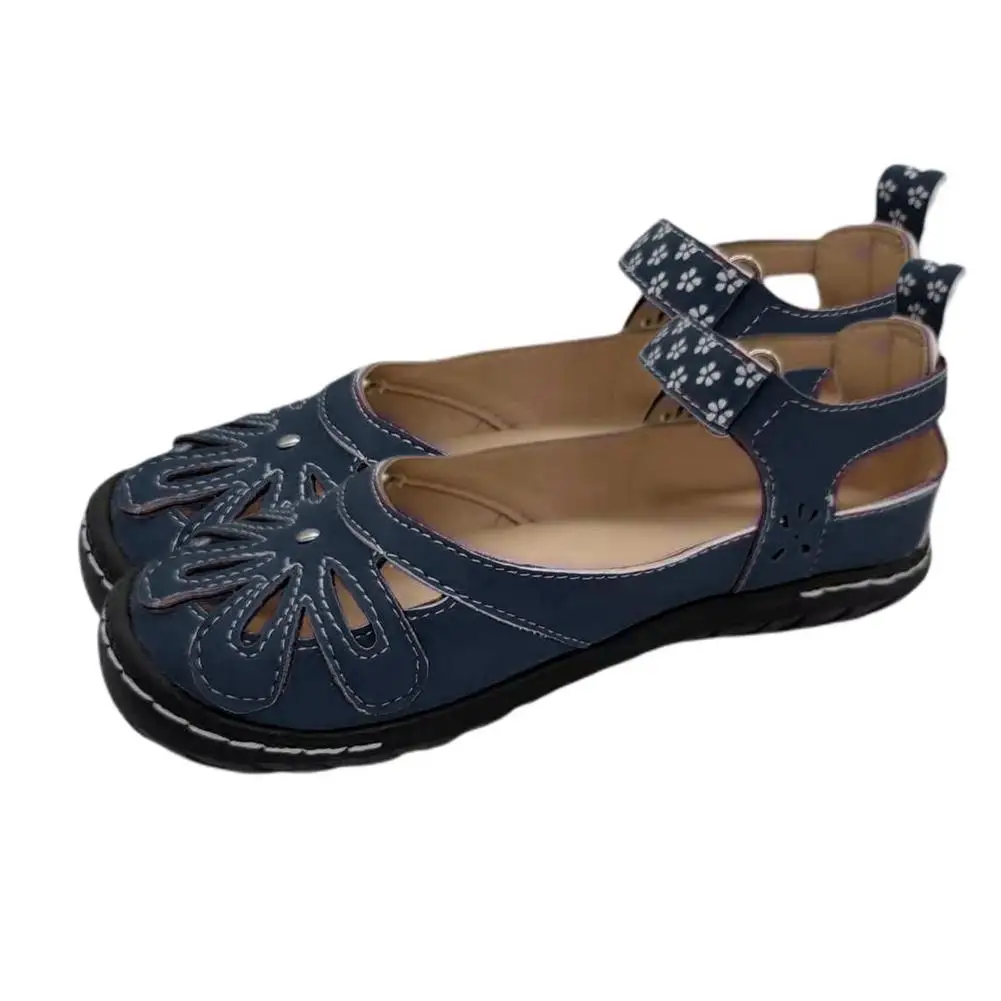 women floral hollow sandals flat Boat shoes Old woman Non-slip fairy tale shoes Breathable Thick soft bottom Ankle-Wrap sandals