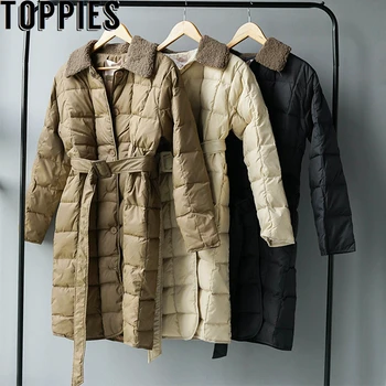 

Winter Jacket Women Down Long Coat Imitation lamb Wool Collar Parka Button Belt Ladies Coat Korean Cotton-padded Clothes