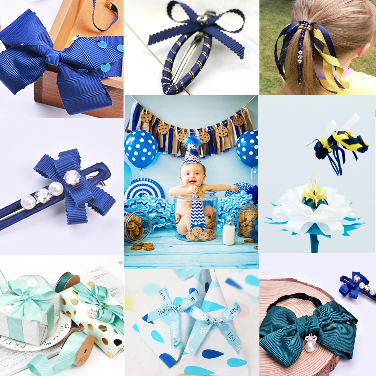 Blue Tapes Printed Grosgrain Satin Ribbons Dot Heart Star Gingham Velvet For DIY Hair Bows Crafts Accessories