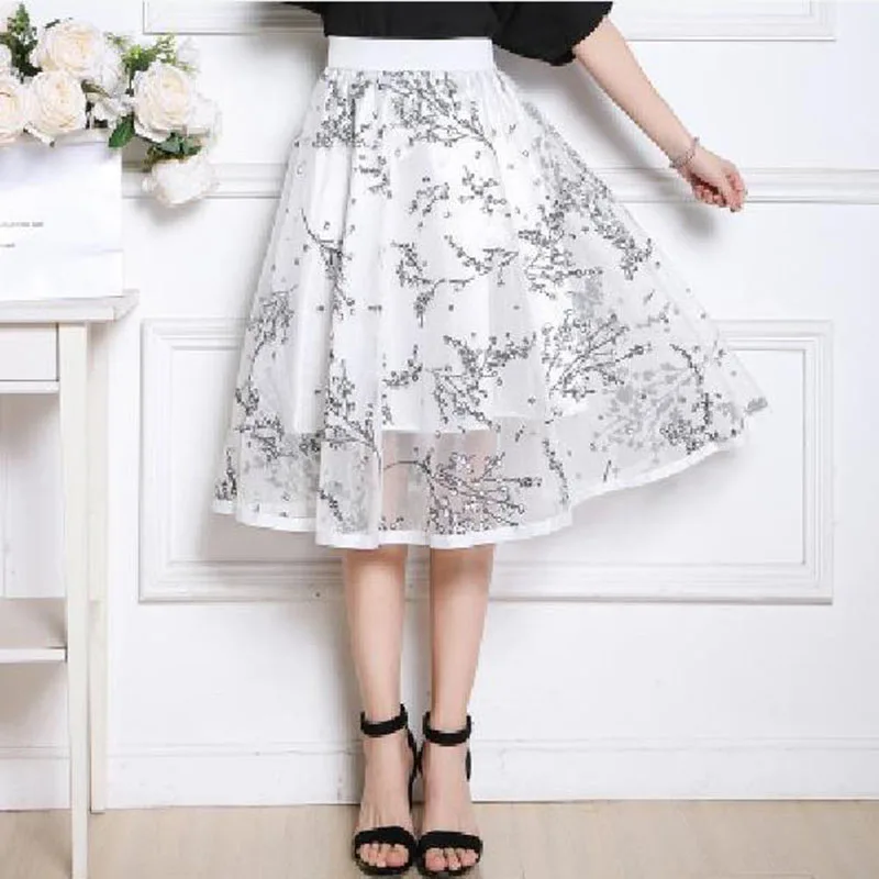 

Elegant Plum Blossom Lace Skirts Womens Summer New 2021 White High Waist Ball Gown Floral Knee Length White Skirt faldas mujer