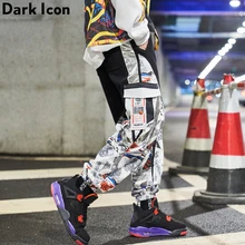 Темные значки, боковые карманы, пэчворк, мужские спортивные штаны, эластичная талия, штаны для бега, для мужчин, женщин, уличная мода, брюки-карго