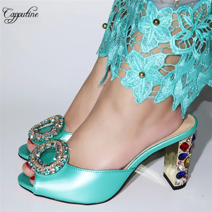 

Excellent green high heel evening party shoes with cryatal stones GR173 ,heel height 9cm