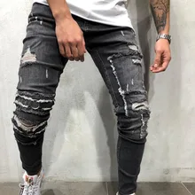 Pantalones vaqueros rasgados ajustados para hombre, pantalón de pitillo con agujeros, ropa informal de motorista, ropa de calle de alta calidad, color azul, 2021