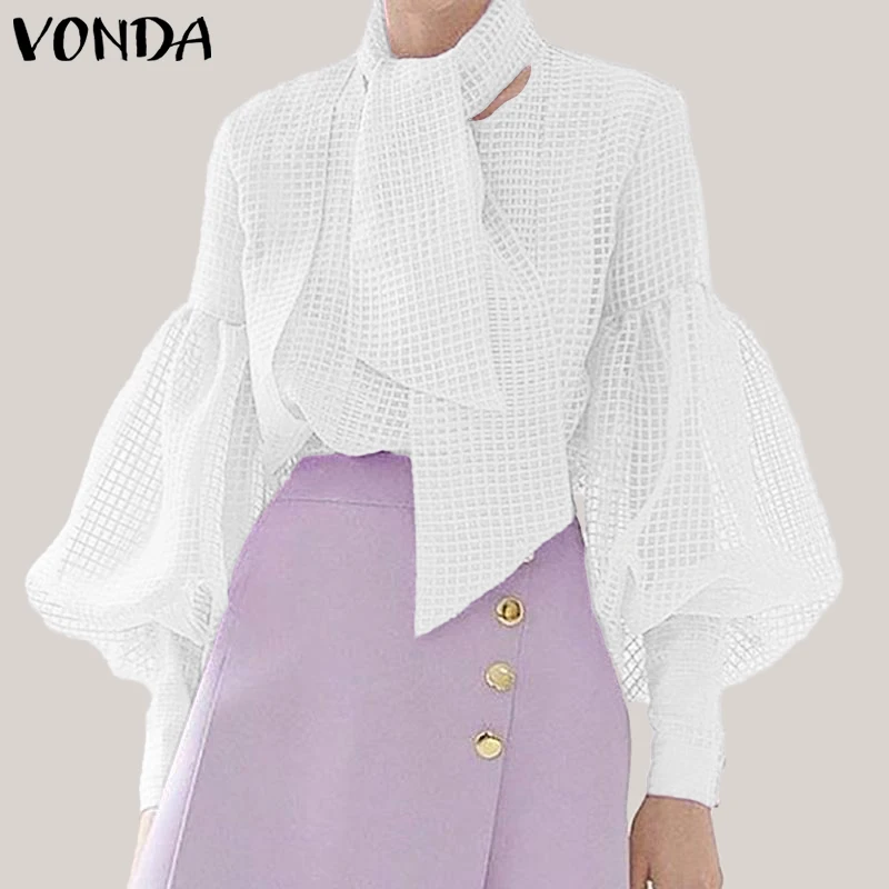 VONDA Женская сетчатая блузка, сексуальные открытые Блузы с рукавами «фонарик», элегантные женские майки с шарфом, прозрачные блузы, большие размеры