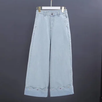 

Daisy embroidered high waist women jeans cotton casual wild lady wide-leg jeans 2020 new