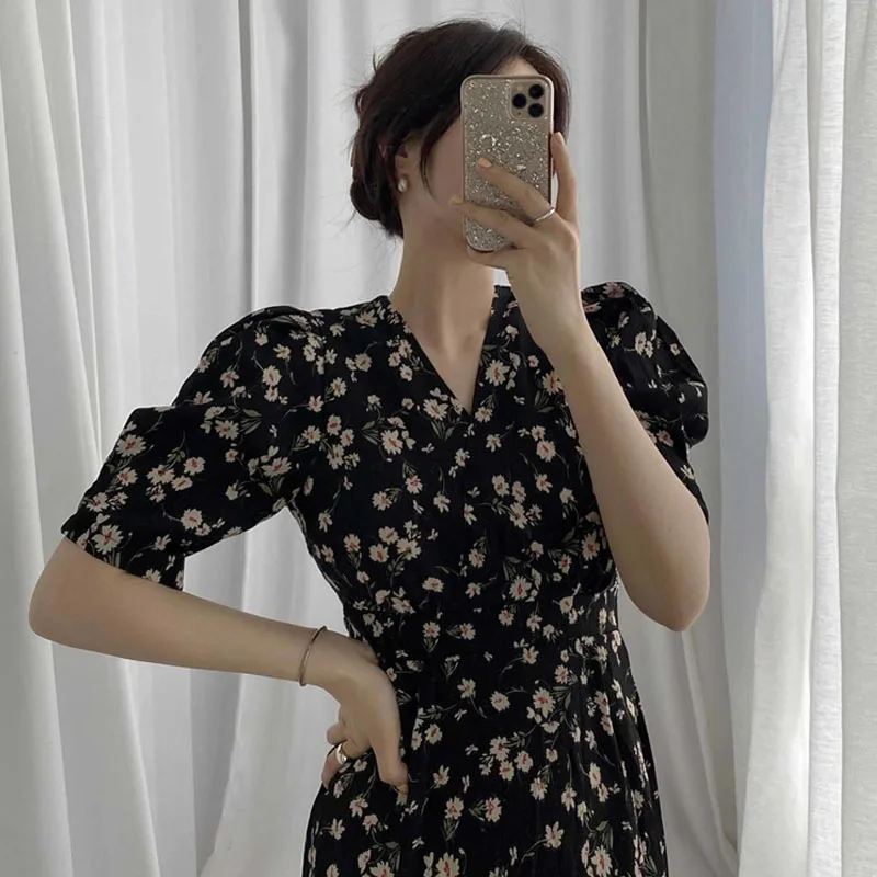 2020 Summer Fashion Chiffon A Line Dresses Korean V-Neck Lace Up Dress Female Vintage Chic Puff-Sleeve Floral Print Dress Female