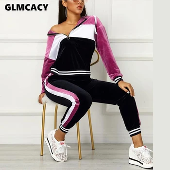 

Women Colorblock Zipped Pullover Top & Slinky Pant Sets 2 Piece Set Sweat Suits Autumn Winter Casual Two Piece Outfits