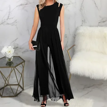 

2020 Spring Fashion Shoulder Hollow High Waist Mesh Stitching Commuter Jumpsuit Women Rompers Black Jumpsuit