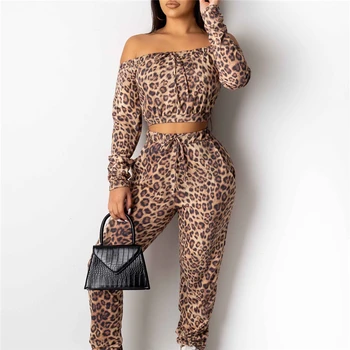 

2019 New Fashion Women's Leopard Tracksuit Off Shoulder Tops Pants Leggings Fitness 2pcs Set