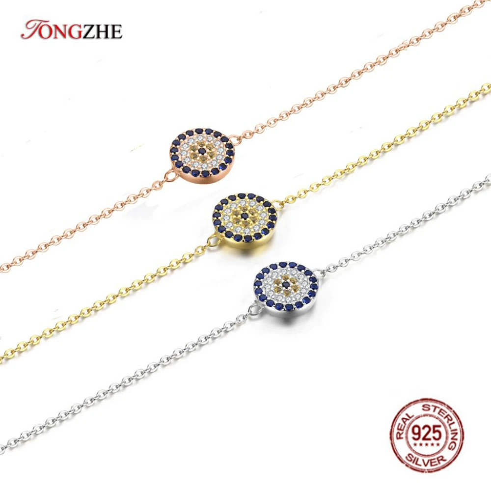 TONGZHE 925 пробы серебряные модные ювелирные браслеты богемные CZ круглые синие камни Турецкий Дурной глаз браслеты для женщин