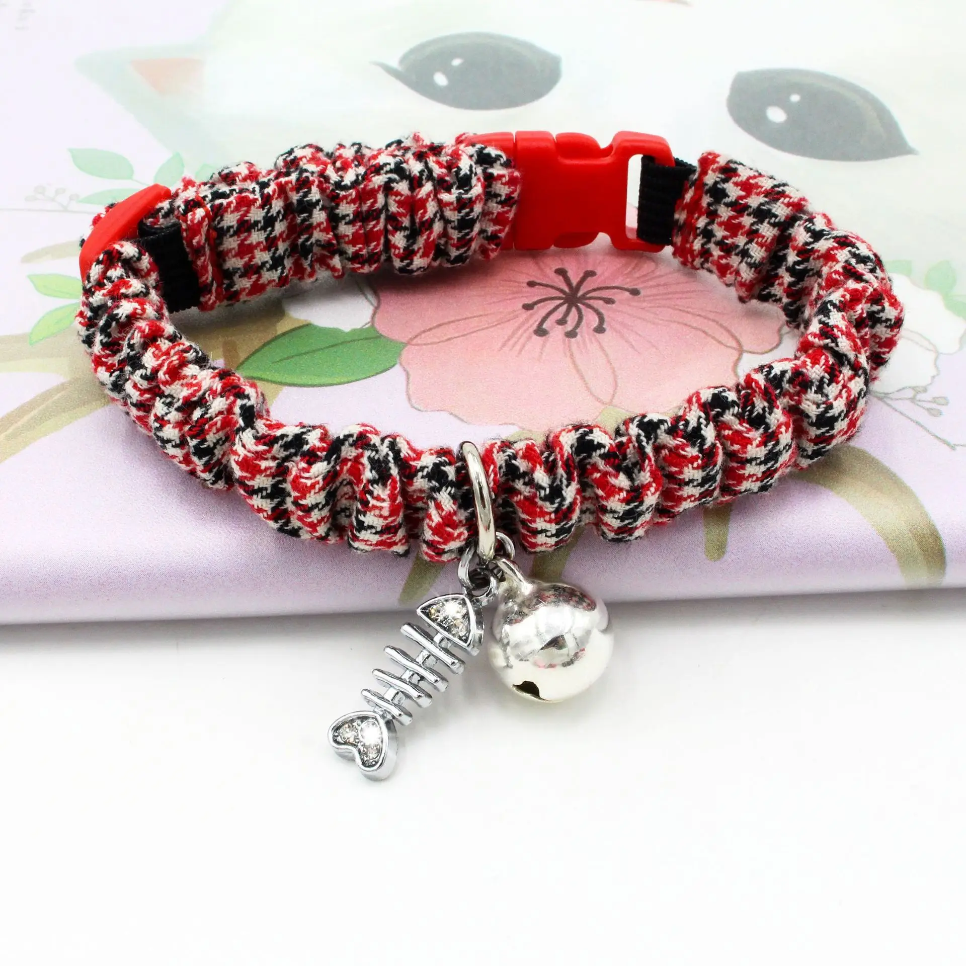 Cat Collar Elastic Neck Ring with Crystal & Bell Collars Printing Kitty Necklace Adjustable Kitten Collar Cat Accessories