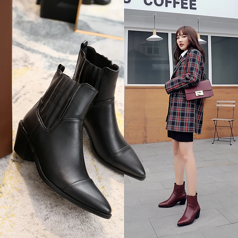 

2020 New Arrival Chelsea Boots Thick Med Heel Brand Women High Quality Concise Design Office Lady Ankle Boot Autumn Black Shoes