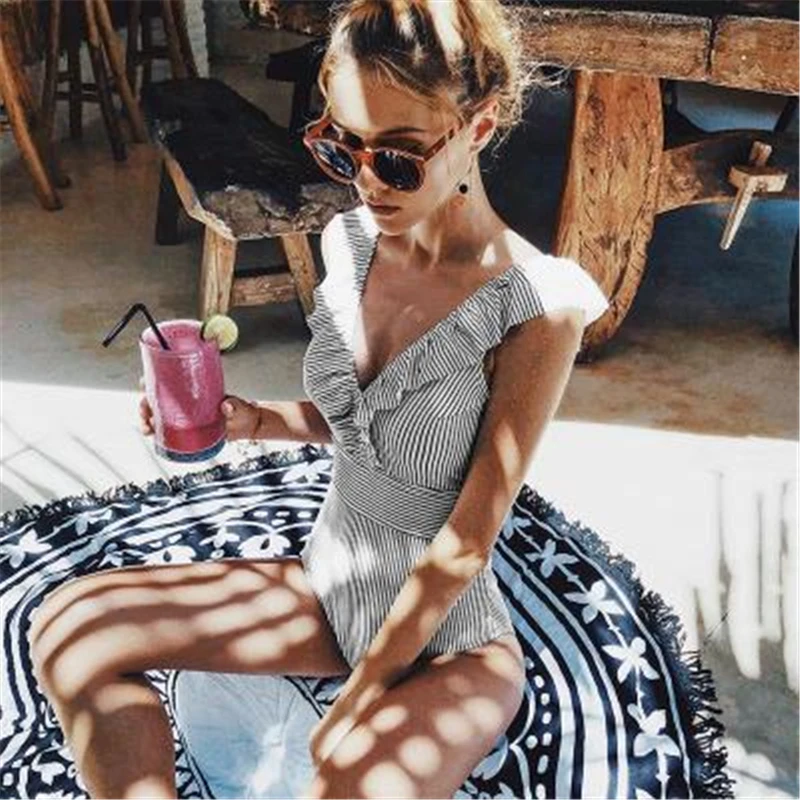 Women Swimwear Lace Deep V One Piece Swimsuit Sexy Beach Wear Stripe Swimming Suit For Women Bathing Suit Brazilian Swimwear