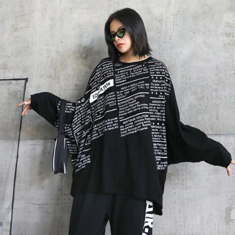 [EAM] Women black letter printed big size T-shirt New Round Neck Long batwing  Sleeve Fashion Tide  Spring Autumn 2020 1DA105
