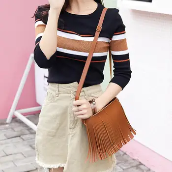 

Fashion Women Tassel Solid Color Faux Leather Zipper Crossbody Shoulder Bag