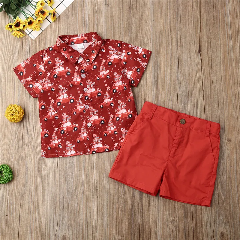 Рождественская одежда для маленьких мальчиков летняя рубашка с короткими рукавами и отложным воротником с Санта-Клаусом и шорты г., Новогодний комплект одежды для мальчиков