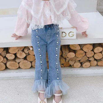

Spring Summer girls jeans baby trousers kids denim pants children bottoms streetwear fashion pearl rivet lace flare 4 to 14 yrs