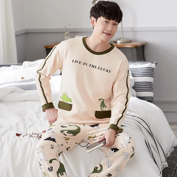 

Winter Men's Pajamas Two Sets Cotton O-neck Cartoon Print Pajamas Long Sleeve Casual Large Size 3XL Homewear Can be worn outside