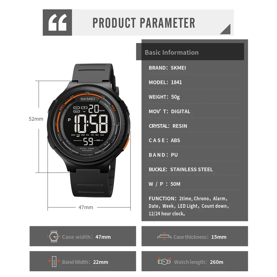 Orologio Digitale Militare Uomo, 49 Mm, Multifunzione Con Doppia Ora, Sveglia, Cronometro E 50 M Impermeabile