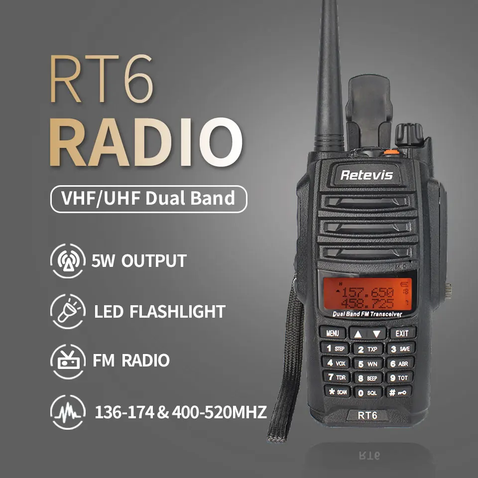 Рация Retevis RT6 водонепроницаемая IP67 5/3/1 Вт VHF + UHF136 174 400 520 МГц Любительский
