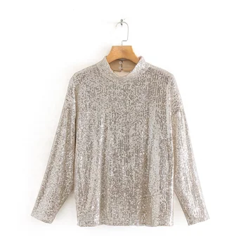 

2020 Spring Women's New Fashion Trendy Sexy Lace Turtleneck Long Sleeve Tulle Metallic Sequin Loose Shirt