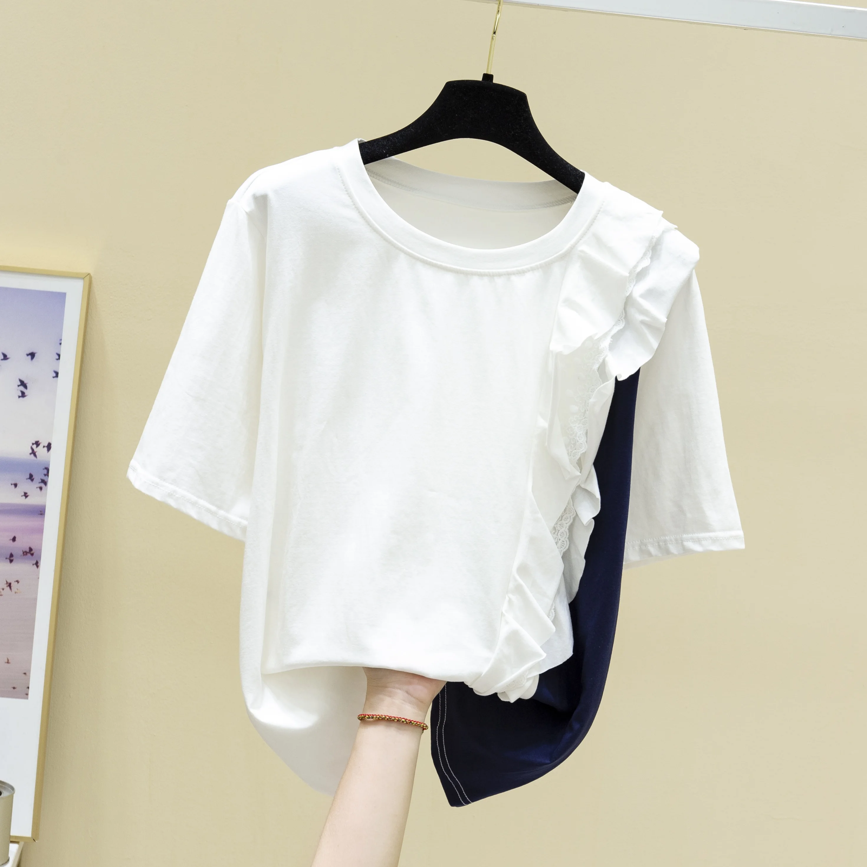 

White T-shirt for Women Summer New Contrast Color Ruffles Stitching Cotton Short Sleeve T-shirt Female Loose Leisure Tshirt Tops