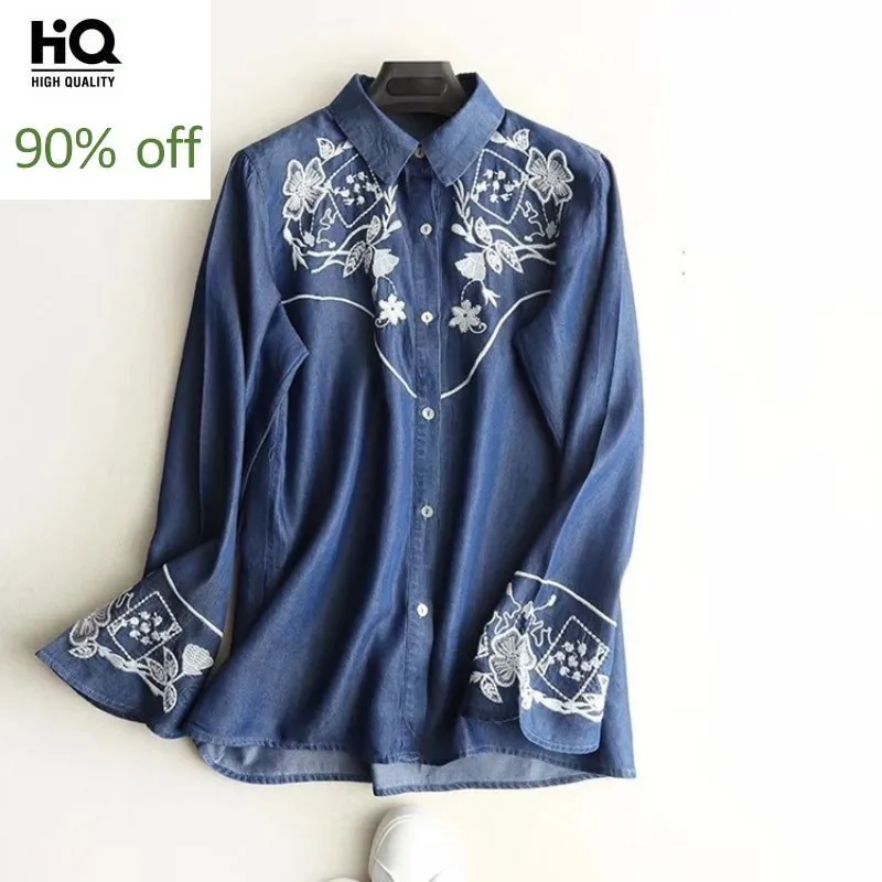 

2020 New Embroidery Flower Denim Long Sleeve Shirts for Women Spring Fall Vintage Single Breasted Loose Fit Blouse Womens Tops