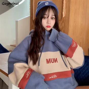 

Hoodies Women Patchwork Striped Letter Pullover Hooded Korean Style Streetwear Womens High Quality Loose Soft Sweatshirt Thicker