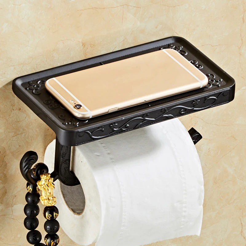 Antique Vintage Bronze Carving Bathroom With Phone Shelf Towel Roll Tissue Aluminum Rack Toilet Paper Holder Creative Wall Boxes