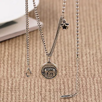 

S925 Sterling Silver Elephant Geometric Round Card Necklace Retro Do Old Star Sweater Chain Clavicular Chain Gift Selection