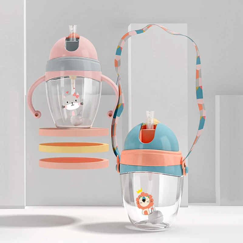 320ml Baby Straw Cup with Handl Cartoon Animal Baby Drinking Feeding Bottle Cup With Shoulder Strap for kindergarten baby 6month