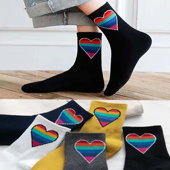 

Lovely New Women Socks Happy Rainbow Heart Pattern Japan Harajuku College style Comfortable Combed Cotton Crew sock sweet girl