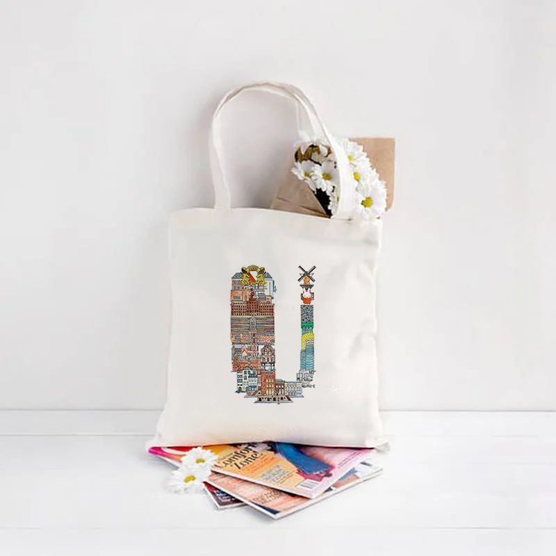 

Italy Letter U-Z Design Canvas Tote Bag Eco Reusable Shopping Bag Recycle Daily Use Female Handbags